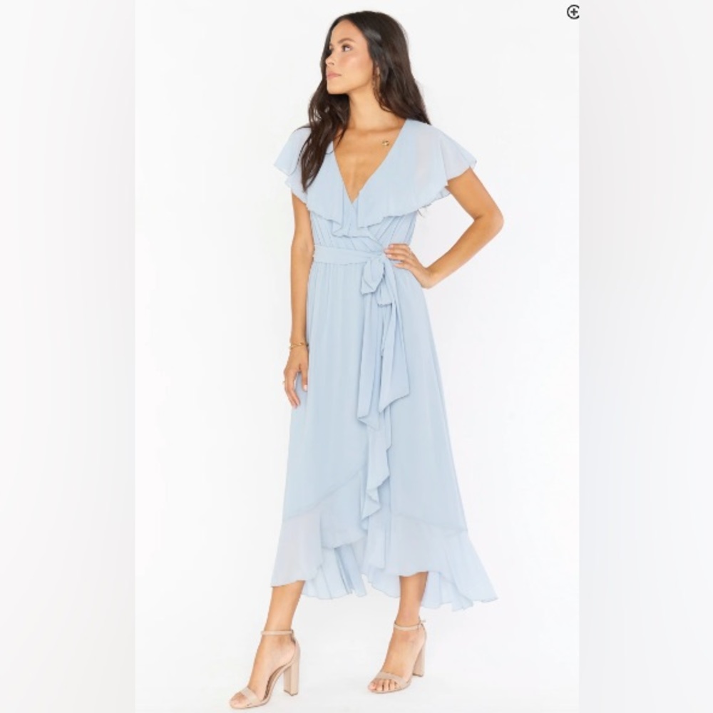 Show Me Your Mumu Jess Ruffle Midi Dress in Steel Blue Chiffon